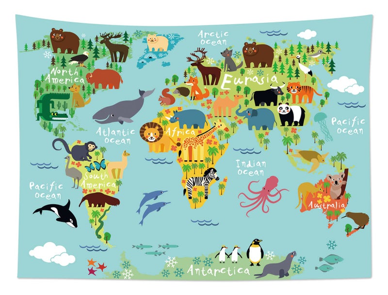 LB World Map Tapestry Wall Hanging Various Cartoon Animals Tapestrise World Distribution Map Wall Decor Blanket for Kids Bedroom Living Room Dorm Decor, 60Wx40H inches - Image 2
